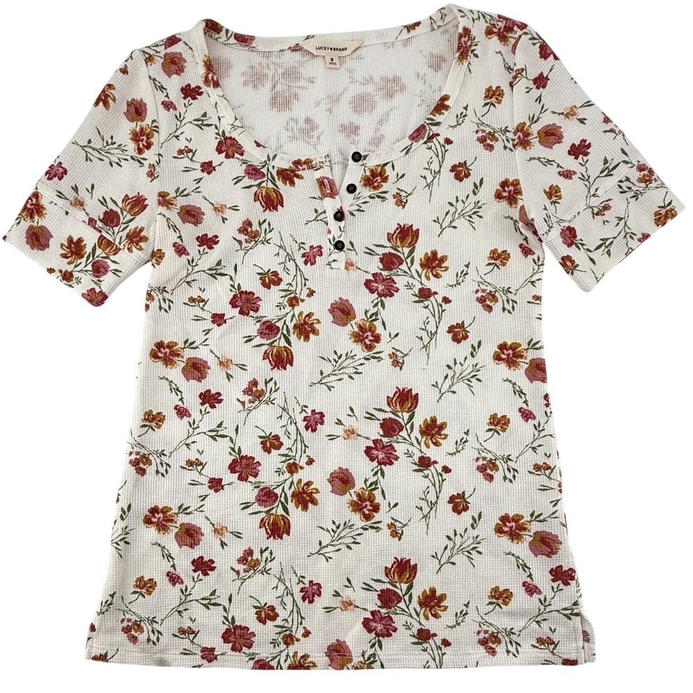 Lucky Brand Floral Waffle Knit Henley Top Women's Medium Cream Short Sleeve‎